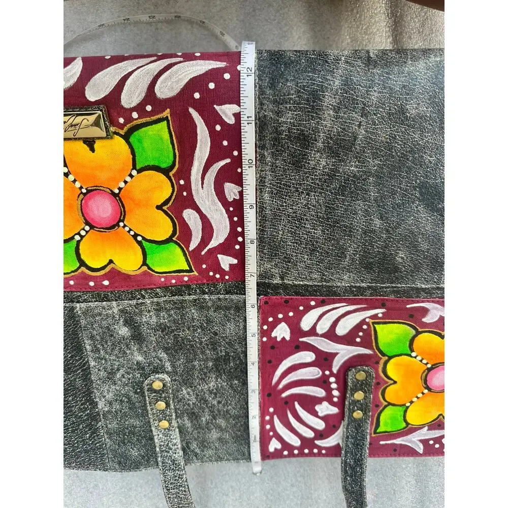 EUC Hand Painted Floral Distressed Patchwork Tote Bag Boho Artisan